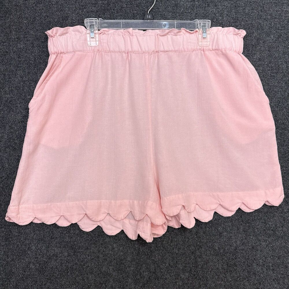 AND NOW THIS Pastel Ballet Pink Cotton Linen Scallop Hem High Waisted Shorts XXL